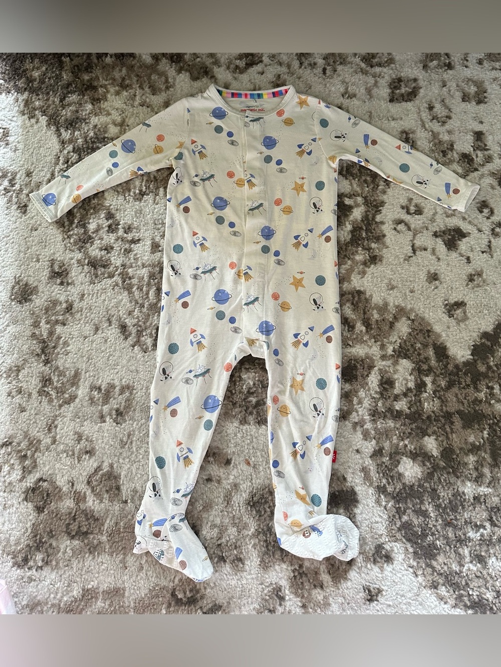 Magnetic Me Cream Space Print Footed One-Piece with Blue and Orange Accents